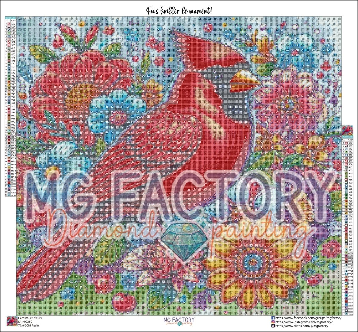 Toile Diamond Painting - Cardinal en fleurs 70x65cm - MG Factory