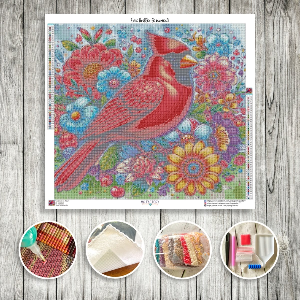 Toile Diamond Painting - Cardinal en fleurs 70x65cm - MG Factory